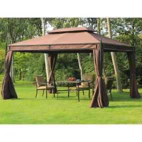 10ft x 13ft Gazebo Canopy Double Tiered Outdoor Tent with Curtain in Dark Coffee