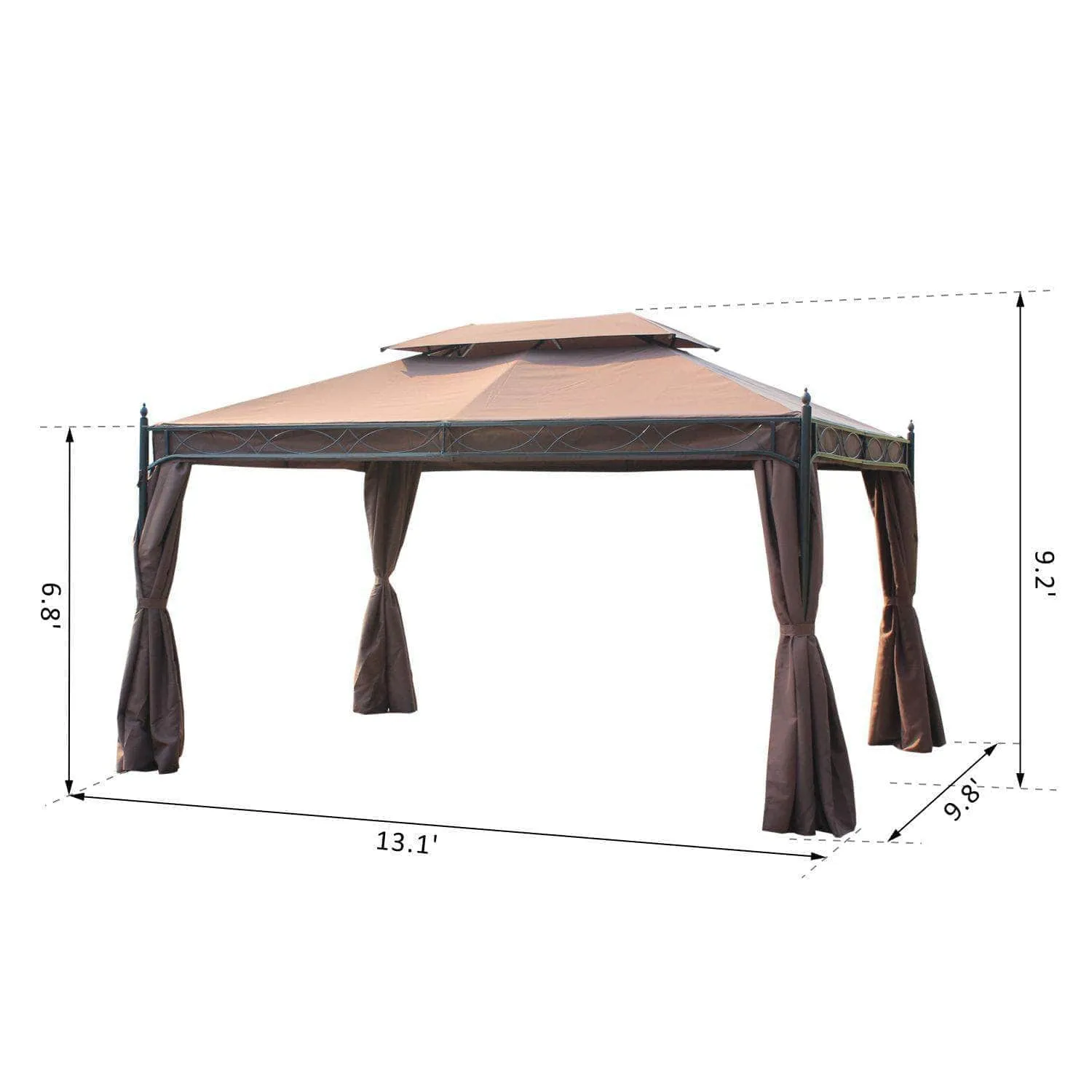 10ft x 13ft Gazebo Canopy Double Tiered Outdoor Tent with Curtain in Dark Coffee