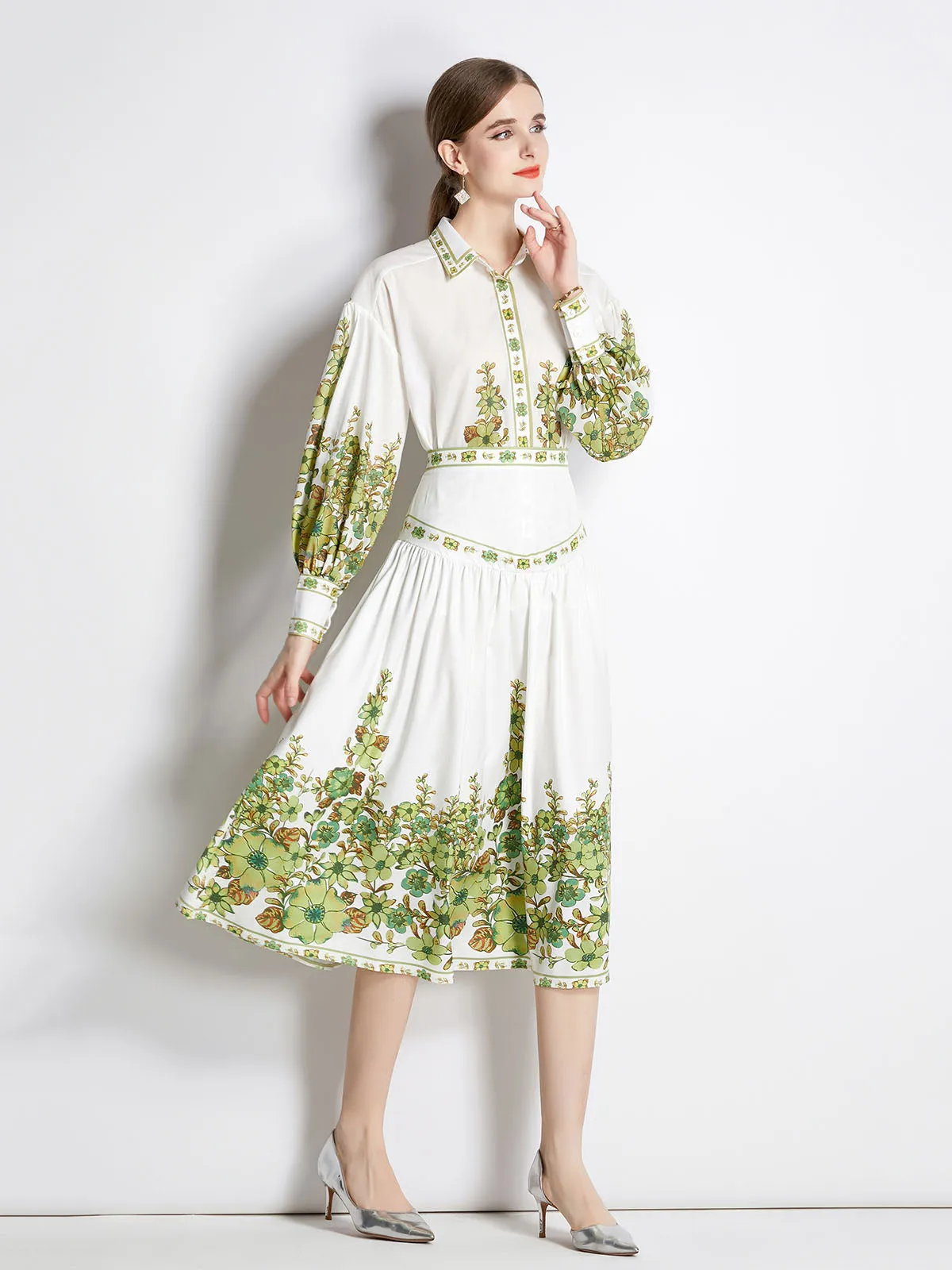 2PCS Shirt Collar Long Sleeves Floral Printed High Waist Boho Dress