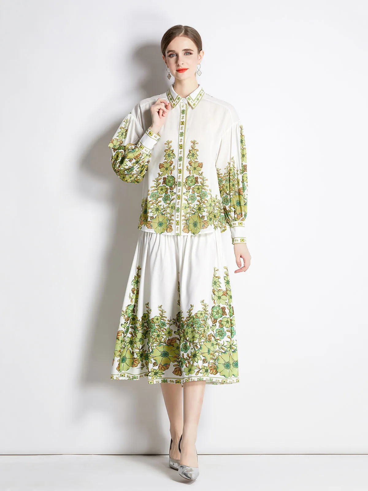 2PCS Shirt Collar Long Sleeves Floral Printed High Waist Boho Dress