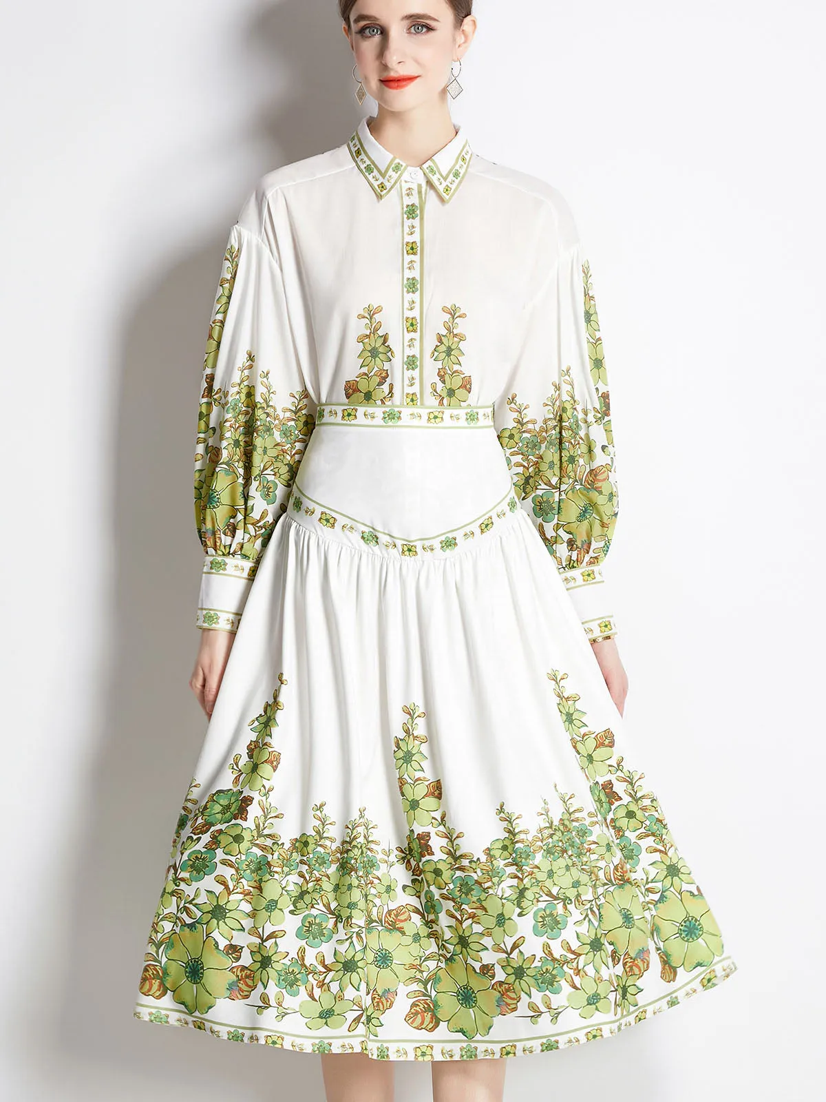 2PCS Shirt Collar Long Sleeves Floral Printed High Waist Boho Dress