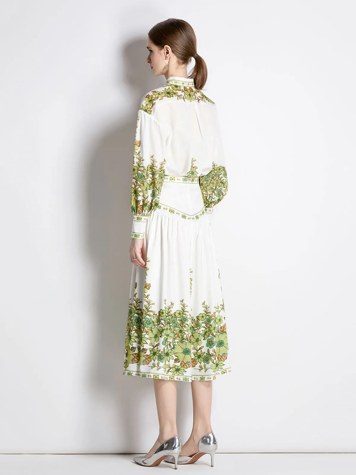 2PCS Shirt Collar Long Sleeves Floral Printed High Waist Boho Dress