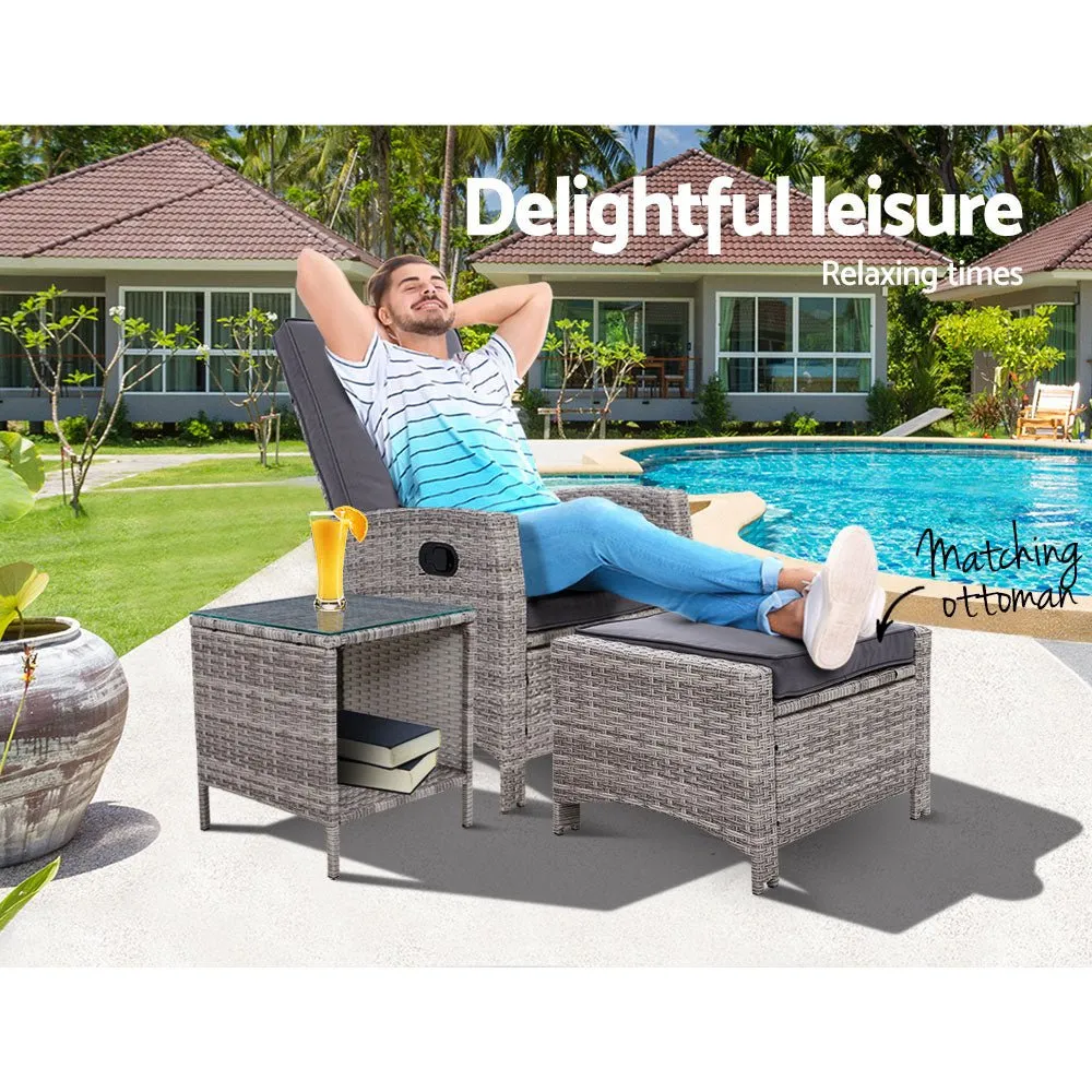 3 Piece Elise Outdoor Recliner Chair Ottoman and Table Set Grey
