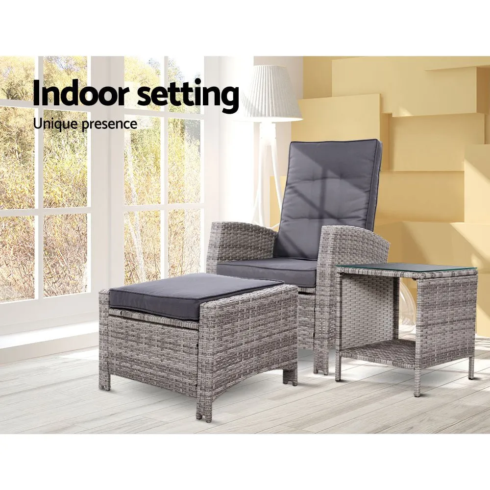 3 Piece Elise Outdoor Recliner Chair Ottoman and Table Set Grey