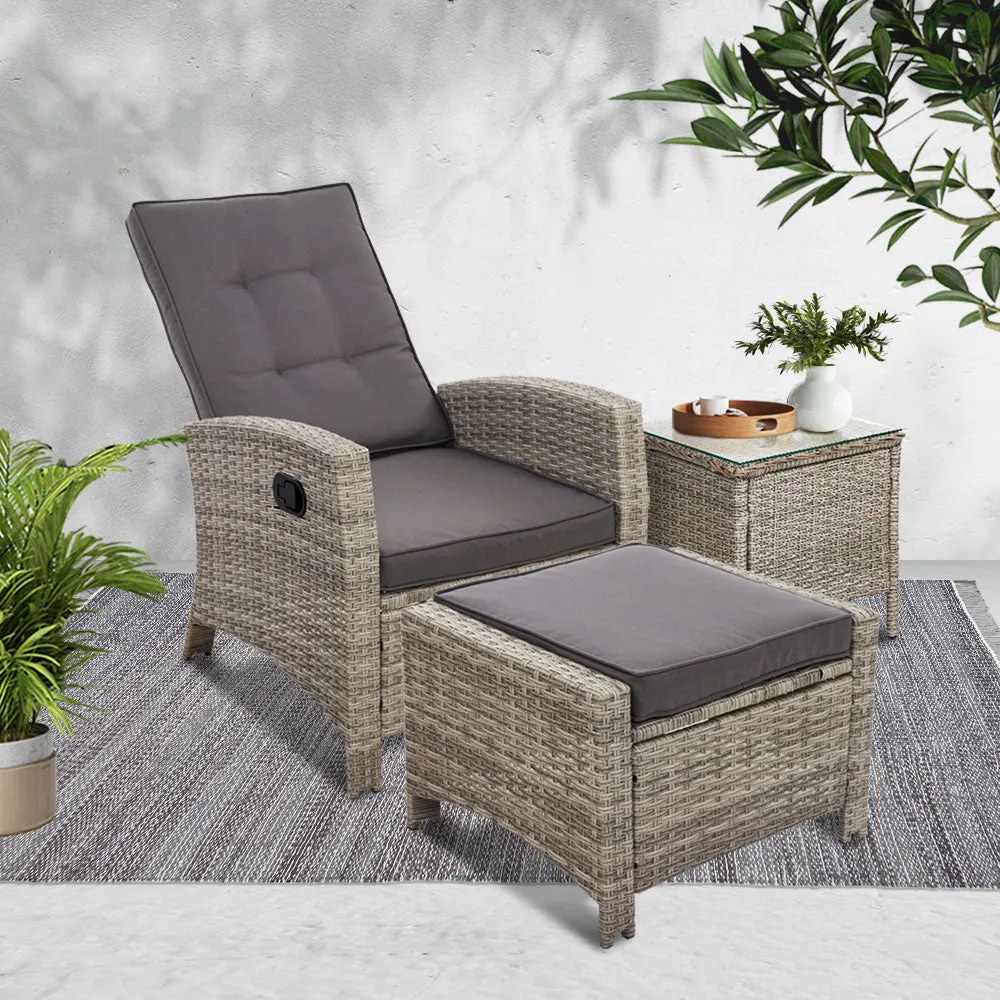 3 Piece Elise Outdoor Recliner Chair Ottoman and Table Set Grey