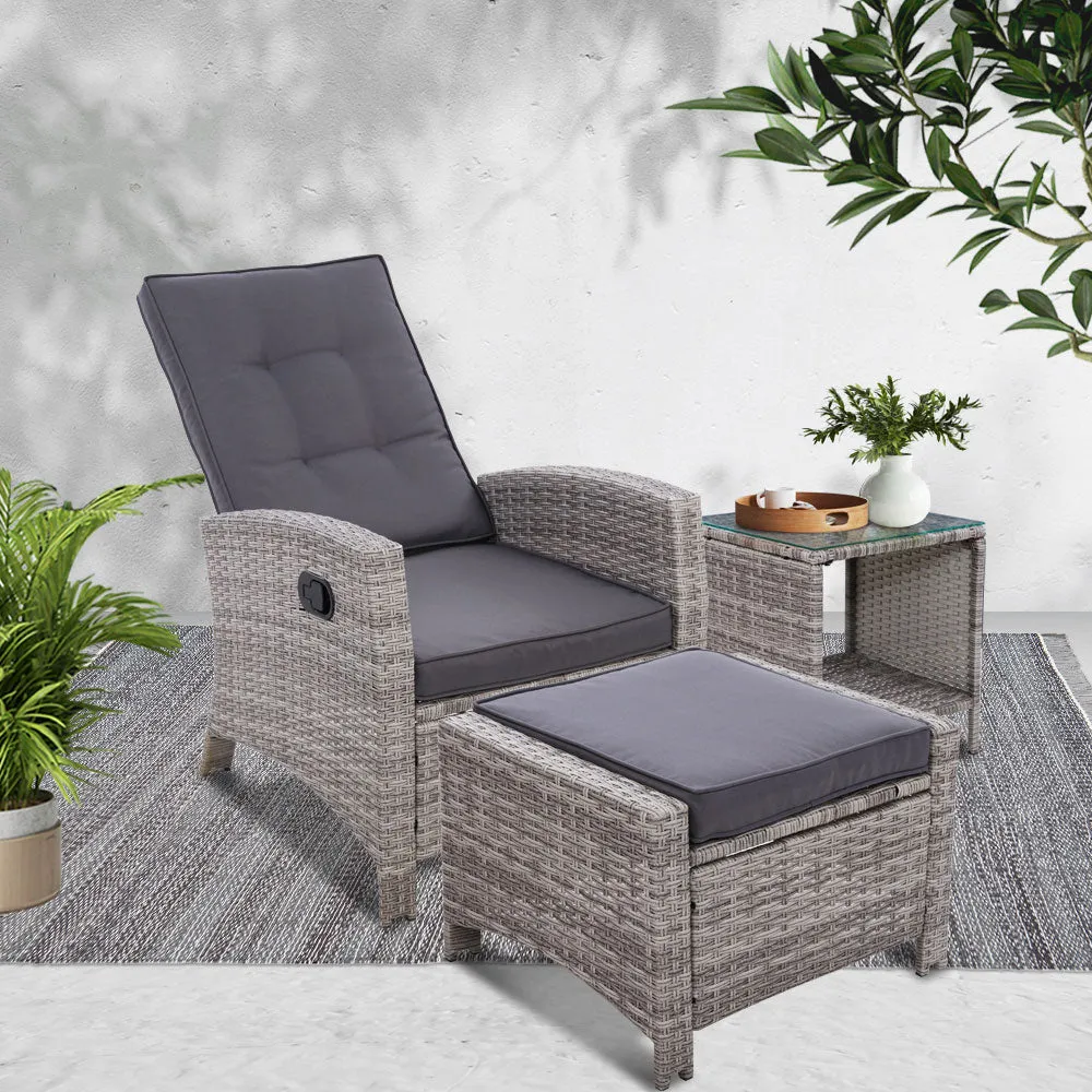 3 Piece Elise Outdoor Recliner Chair Ottoman and Table Set Grey