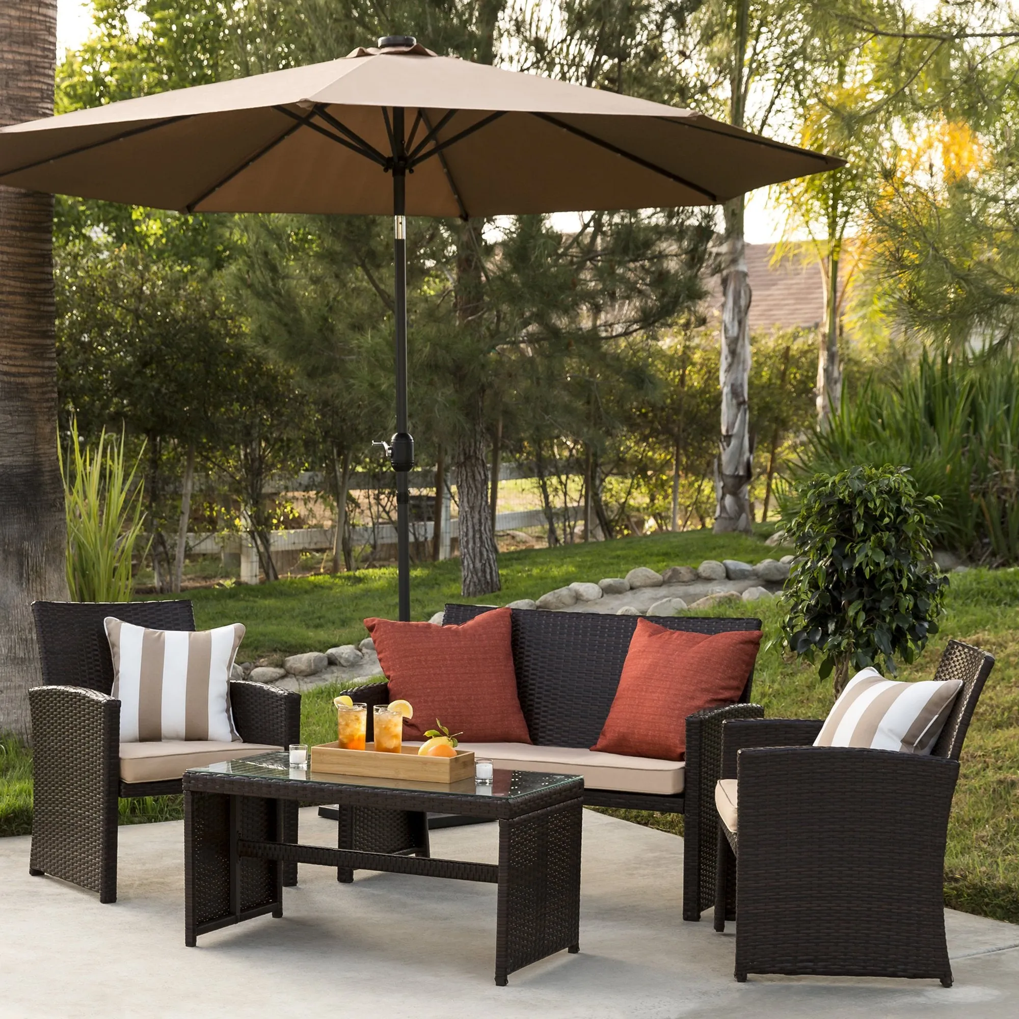 4-Piece Outdoor Wicker Sofa Furniture Set w/ 1 Double, 2 Single Sofas, Table