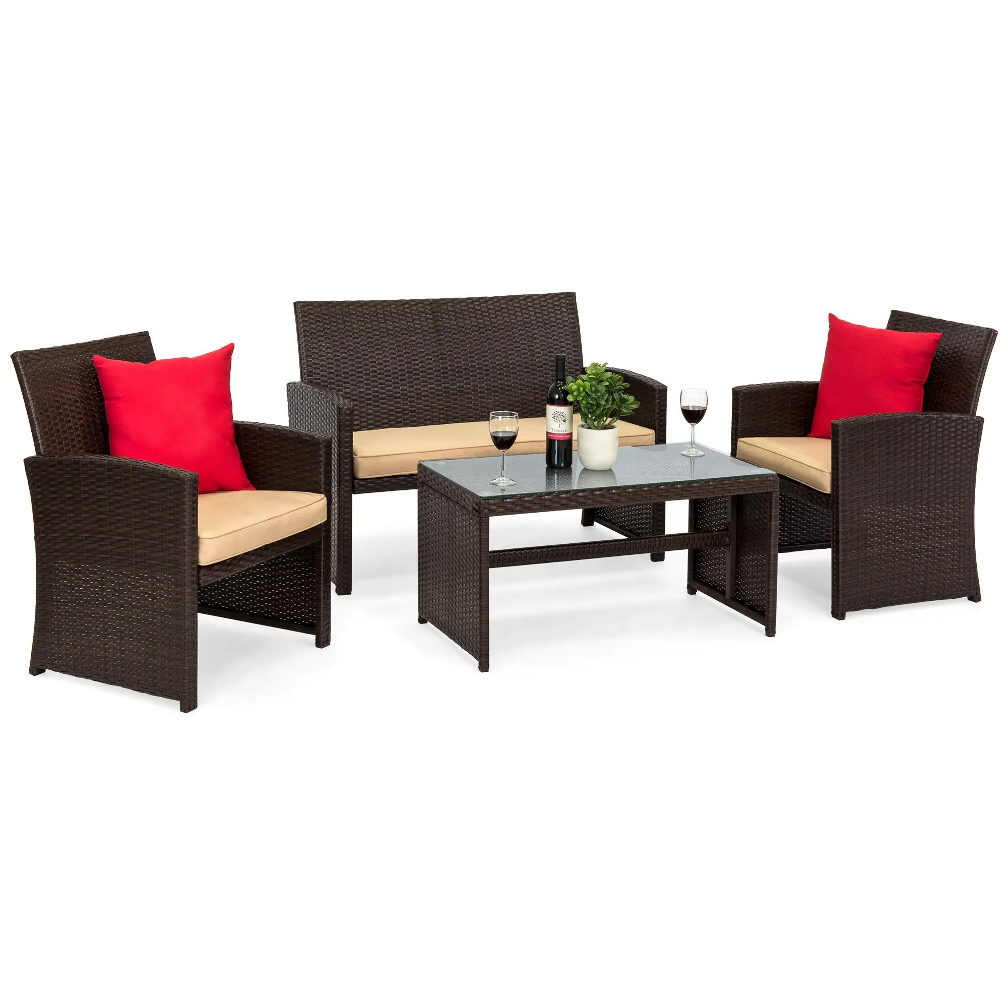 4-Piece Outdoor Wicker Sofa Furniture Set w/ 1 Double, 2 Single Sofas, Table