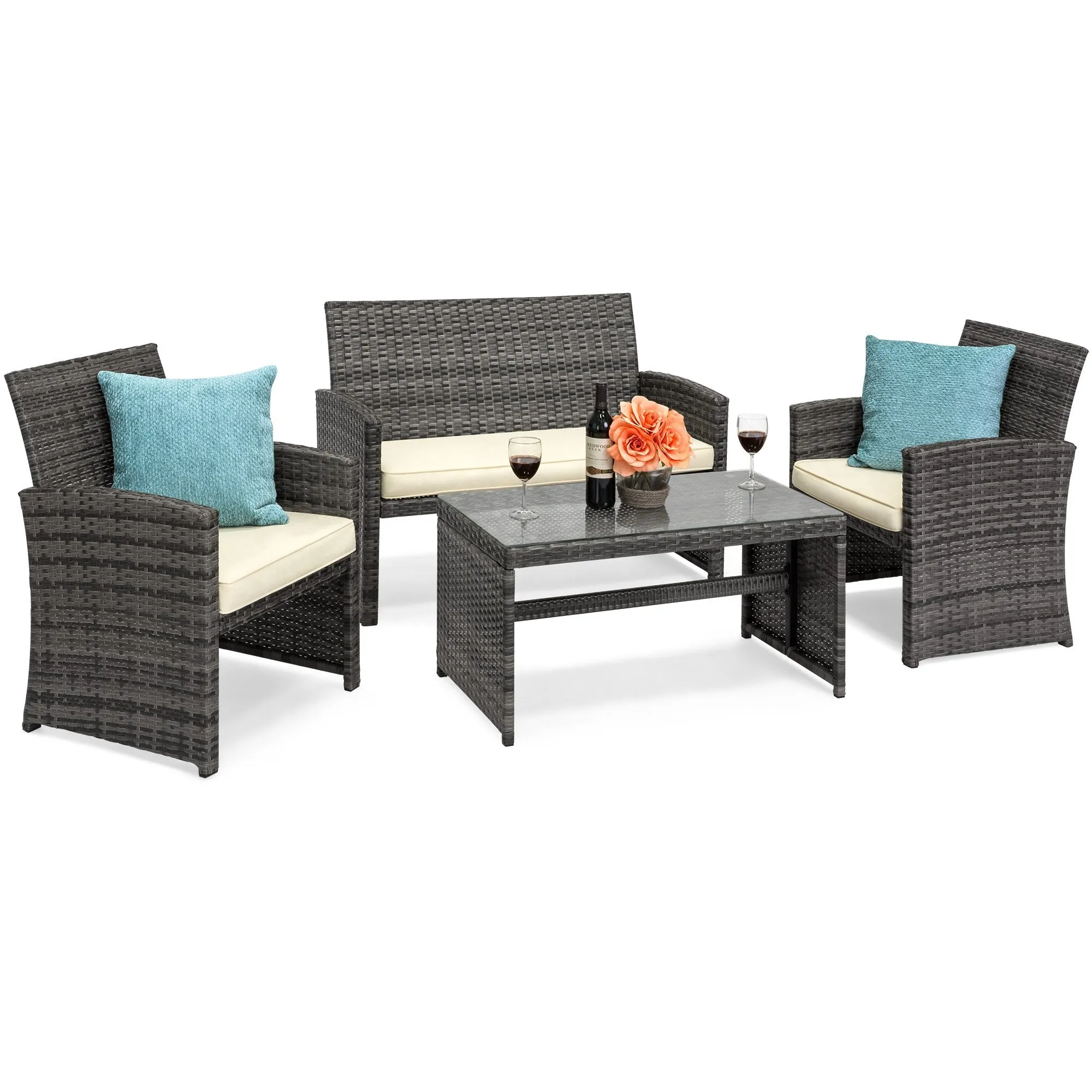 4-Piece Outdoor Wicker Sofa Furniture Set w/ 1 Double, 2 Single Sofas, Table