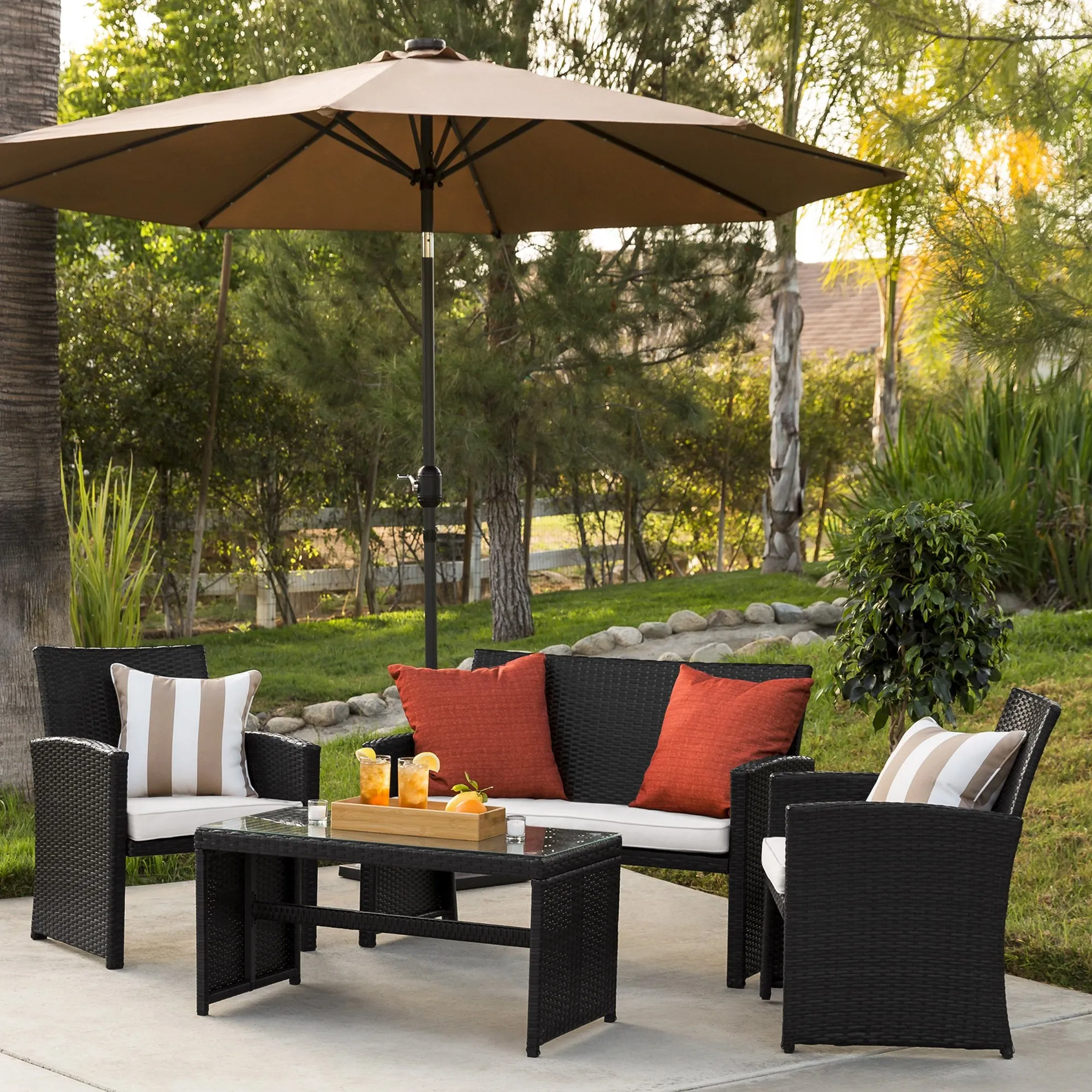 4-Piece Outdoor Wicker Sofa Furniture Set w/ 1 Double, 2 Single Sofas, Table