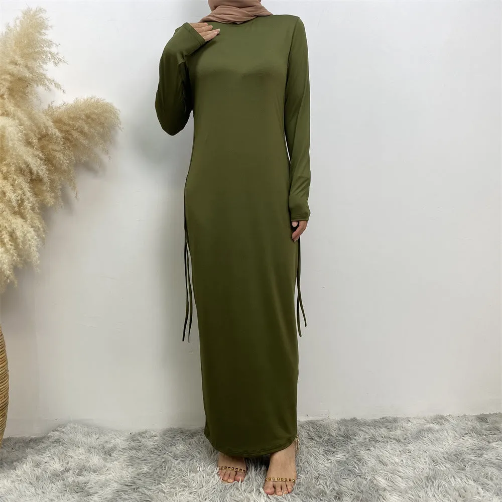 6736 Arabian solid color long-sleeved dress women's side drawstring bottoming shirt