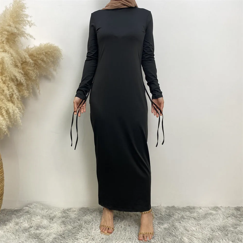 6736 Arabian solid color long-sleeved dress women's side drawstring bottoming shirt