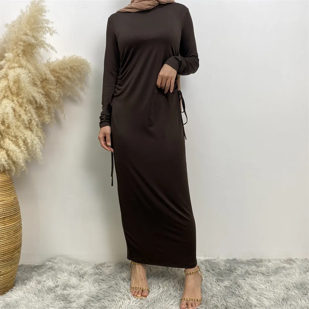 6736 Arabian solid color long-sleeved dress women's side drawstring bottoming shirt