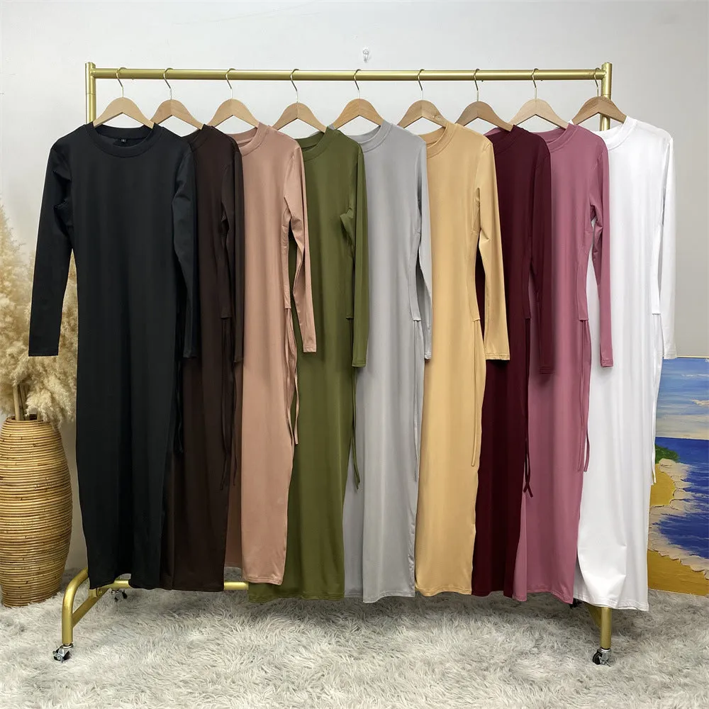 6736 Arabian solid color long-sleeved dress women's side drawstring bottoming shirt