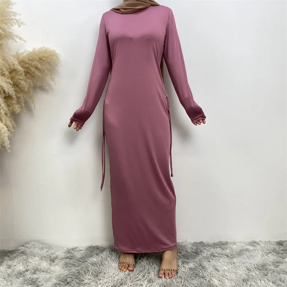 6736 Arabian solid color long-sleeved dress women's side drawstring bottoming shirt
