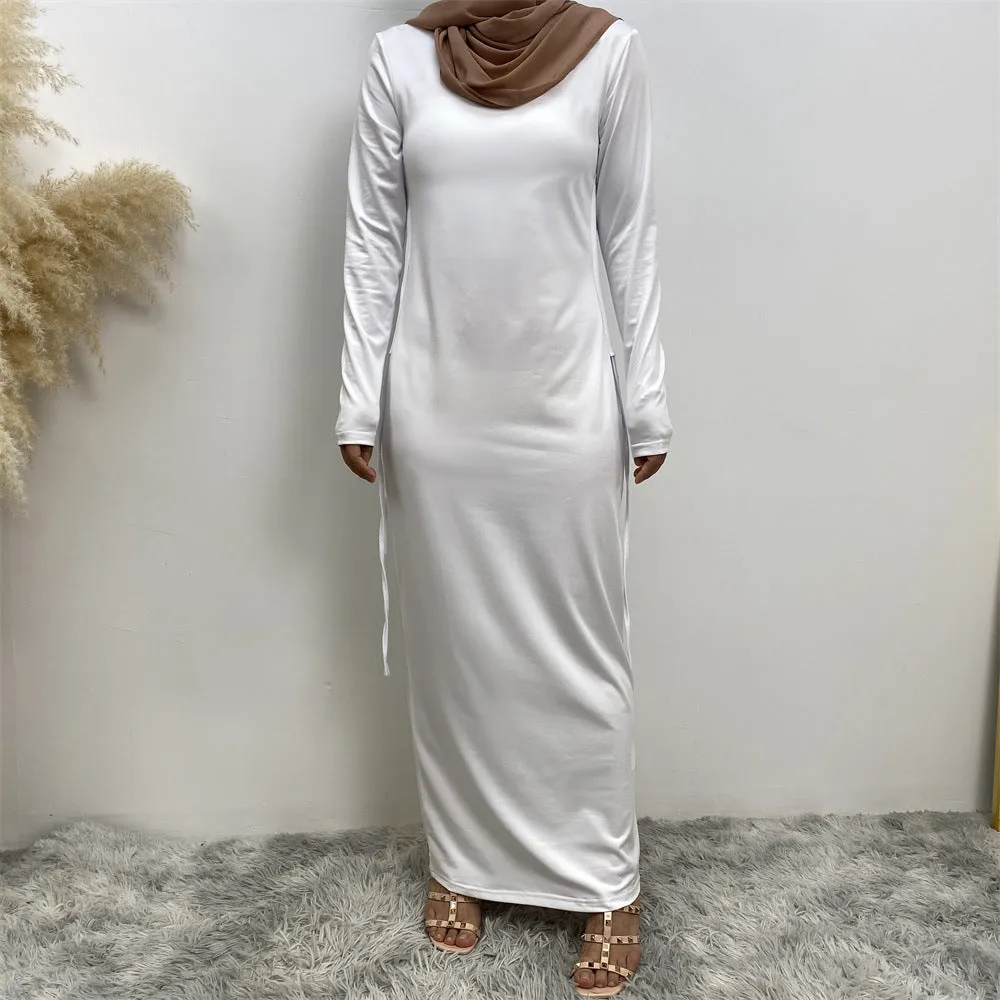 6736 Arabian solid color long-sleeved dress women's side drawstring bottoming shirt