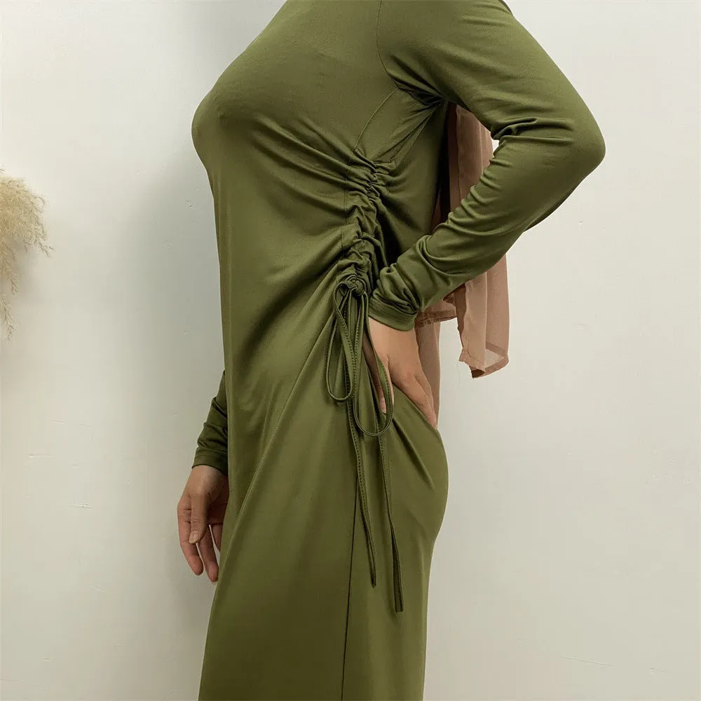 6736 Arabian solid color long-sleeved dress women's side drawstring bottoming shirt