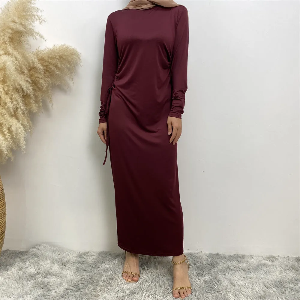 6736 Arabian solid color long-sleeved dress women's side drawstring bottoming shirt