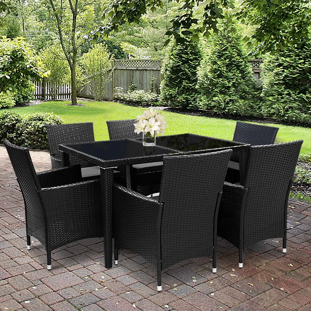 7pcs Outdoor Furniture Dining Setting Chair Table Rattan Glass Patio Set