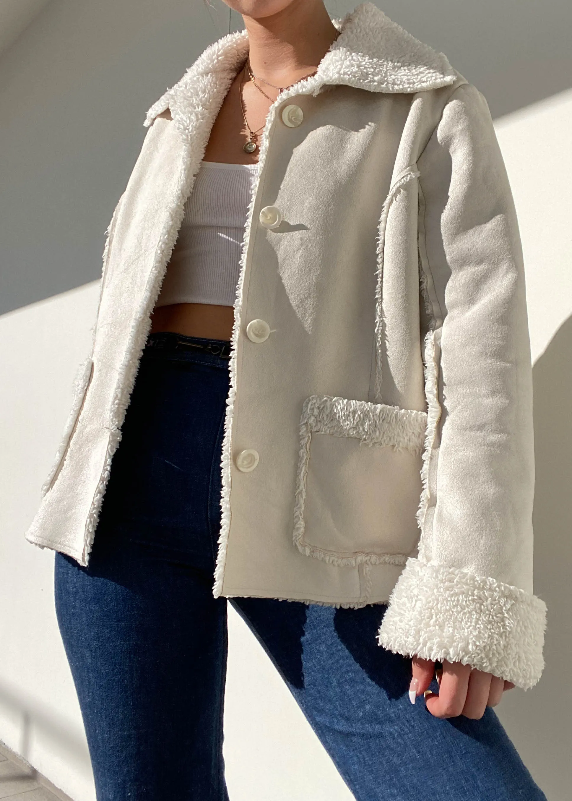90's Cream Faux Suede & Sherpa Jacket (M)