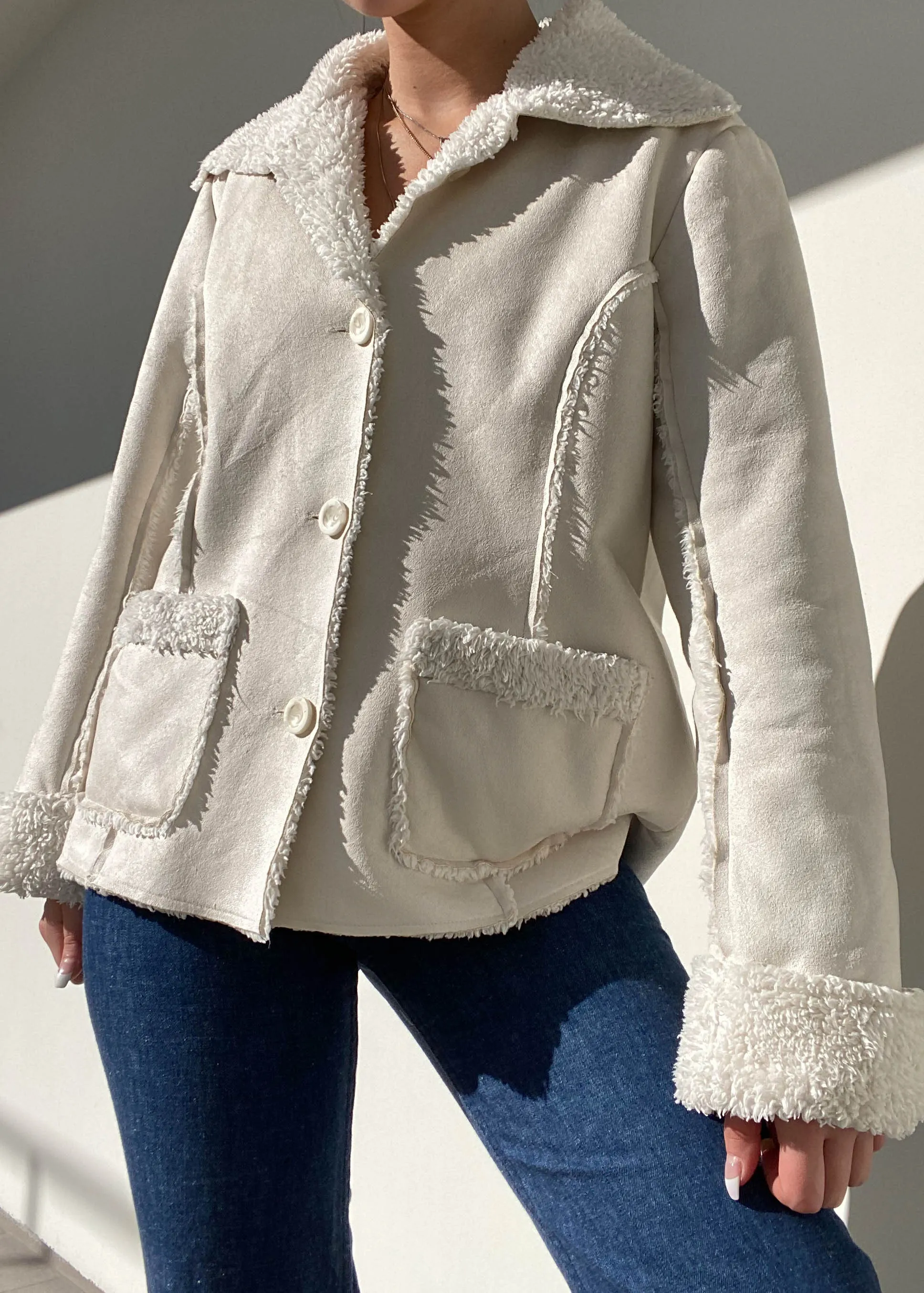 90's Cream Faux Suede & Sherpa Jacket (M)