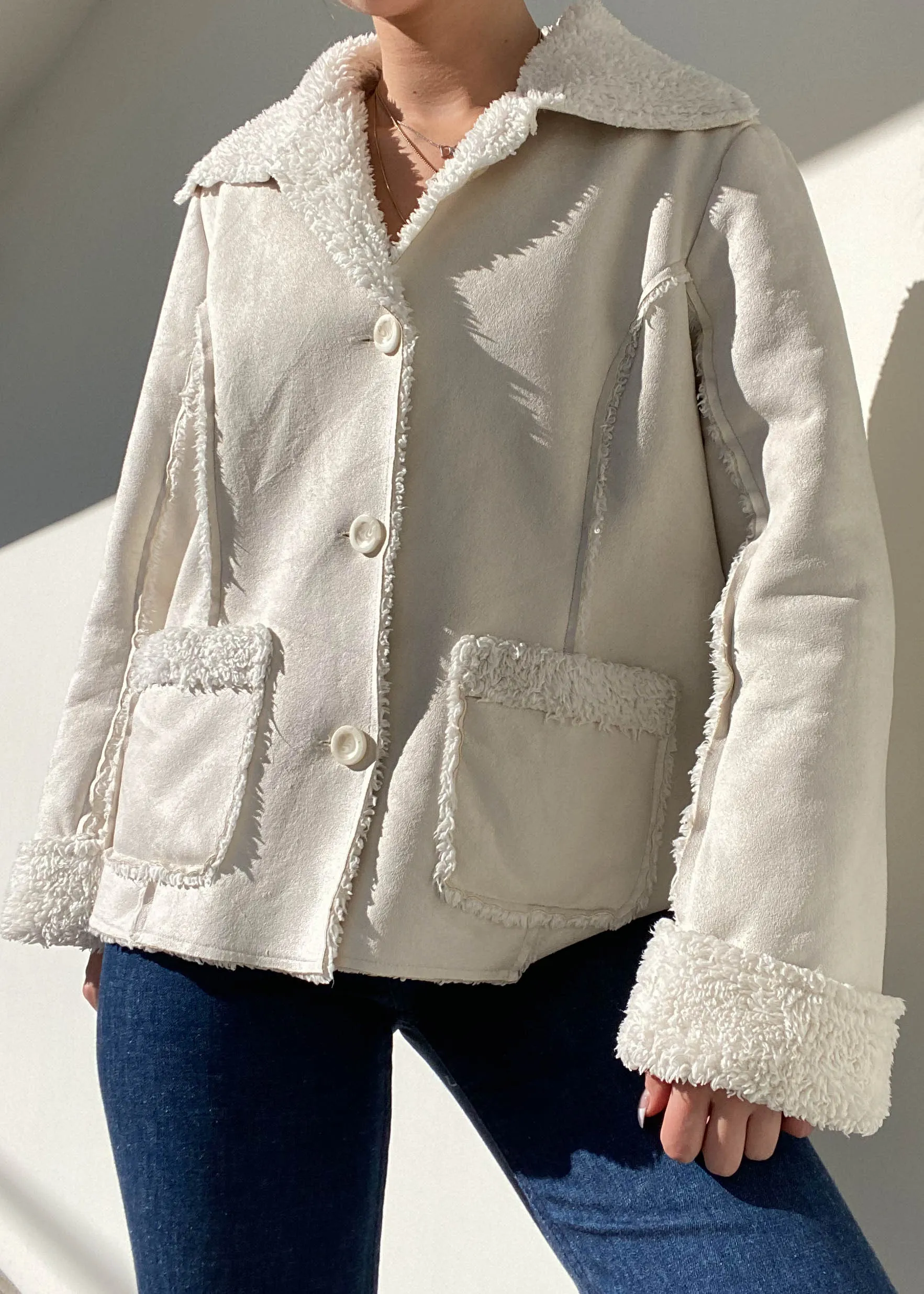 90's Cream Faux Suede & Sherpa Jacket (M)