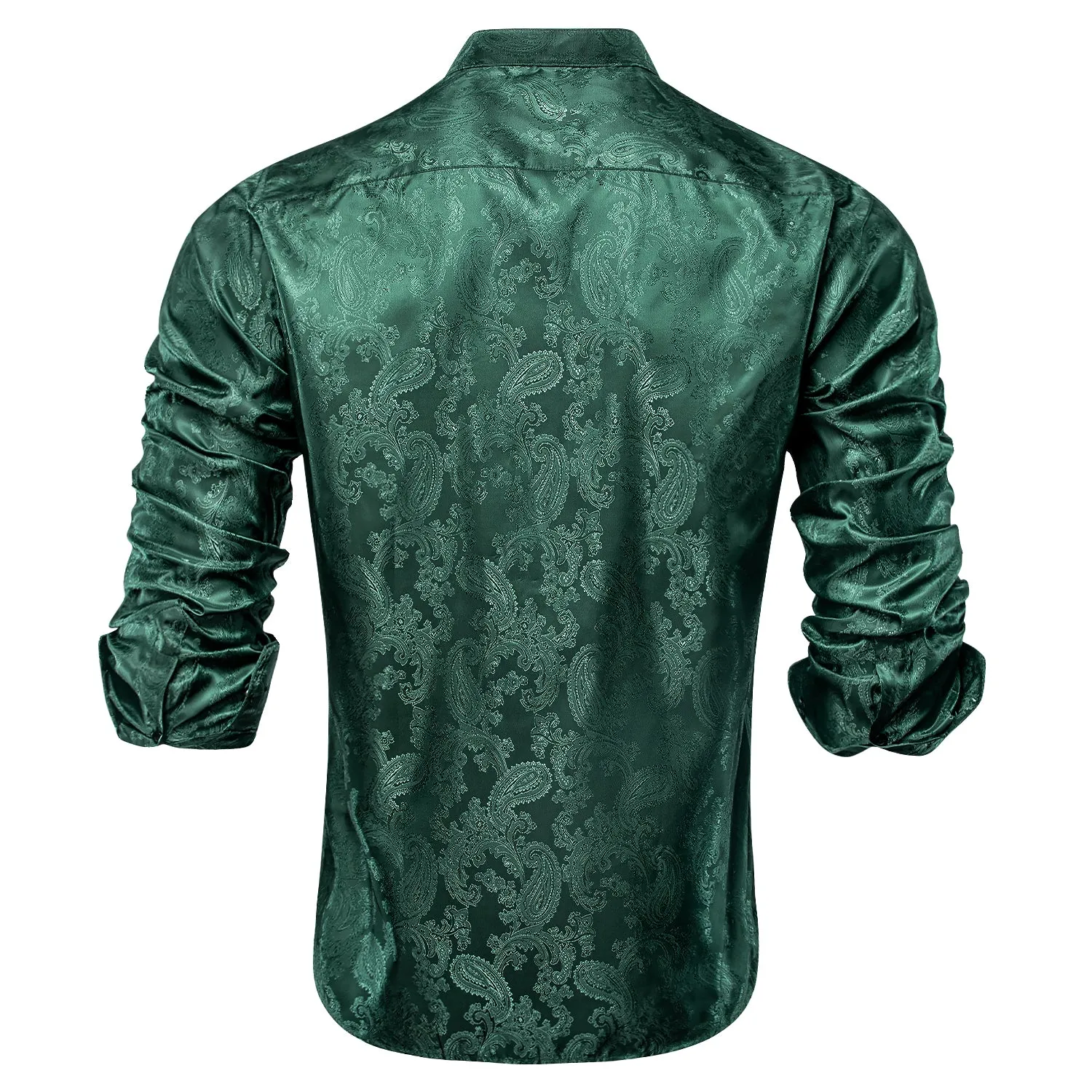 $9.99 Dark Green Paisley Silk Men's Long Sleeve Collarless Shirt