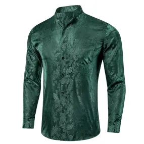$9.99 Dark Green Paisley Silk Men's Long Sleeve Collarless Shirt