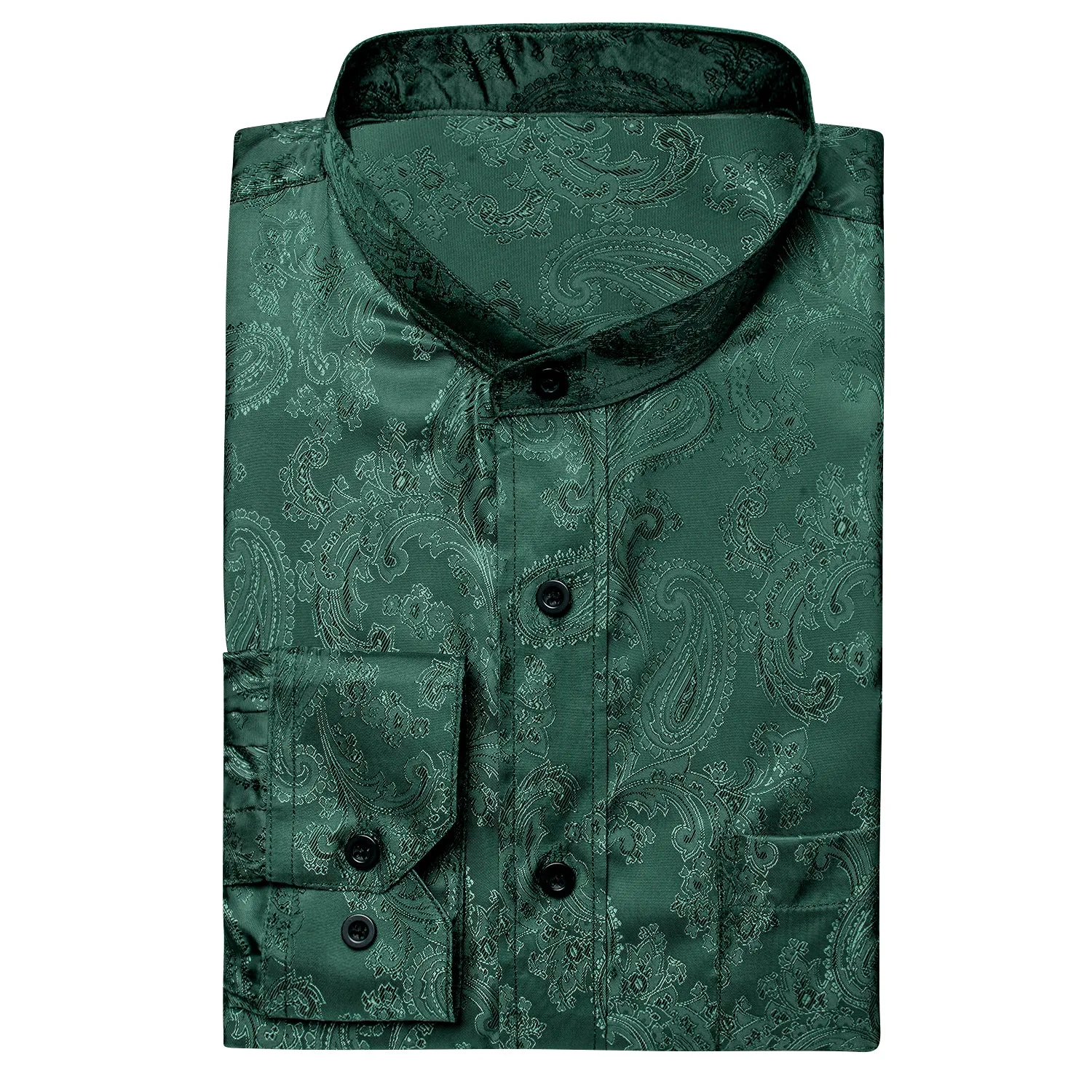 $9.99 Dark Green Paisley Silk Men's Long Sleeve Collarless Shirt