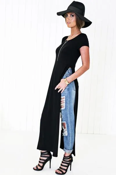 Ace Scoop-Neck High-Slit Tee Dress - Black