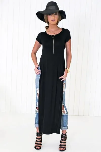 Ace Scoop-Neck High-Slit Tee Dress - Black