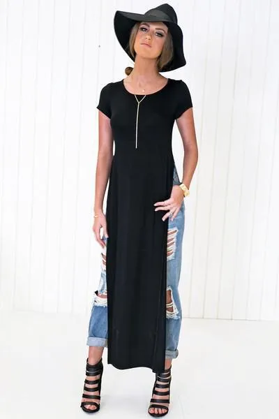 Ace Scoop-Neck High-Slit Tee Dress - Black