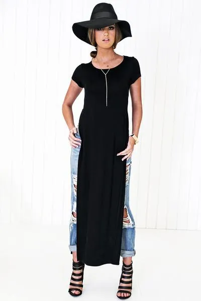 Ace Scoop-Neck High-Slit Tee Dress - Black