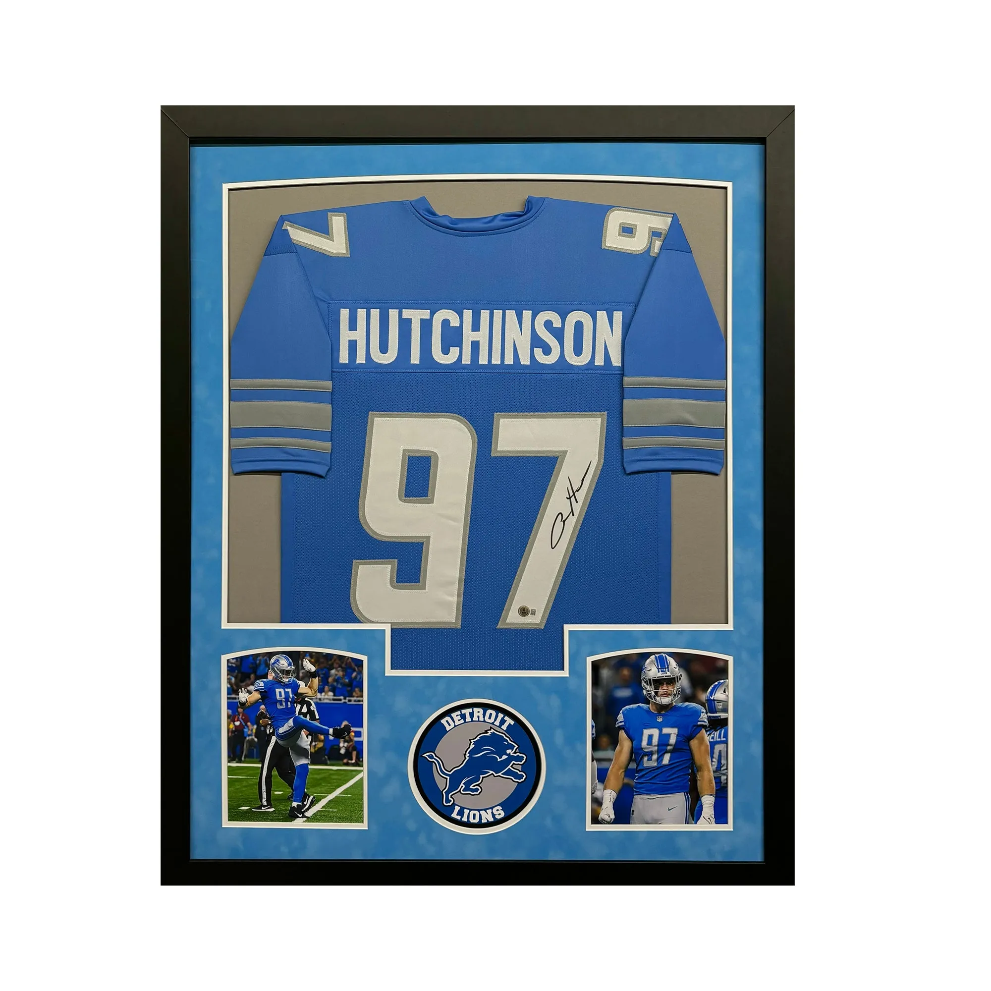 Aidan Hutchinson Signed Detroit Blue Custom Suede Matte Framed Football Jersey (Beckett)