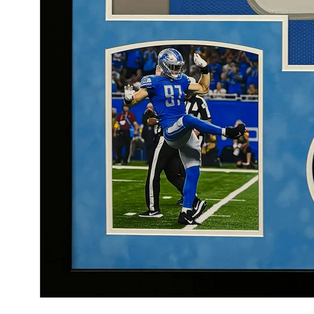 Aidan Hutchinson Signed Detroit Blue Custom Suede Matte Framed Football Jersey (Beckett)