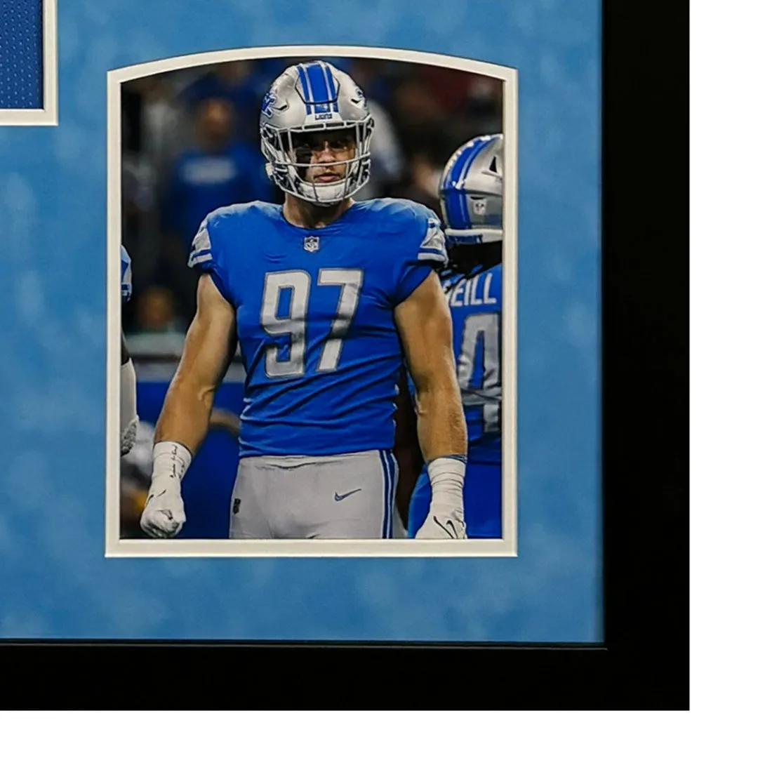 Aidan Hutchinson Signed Detroit Blue Custom Suede Matte Framed Football Jersey (Beckett)