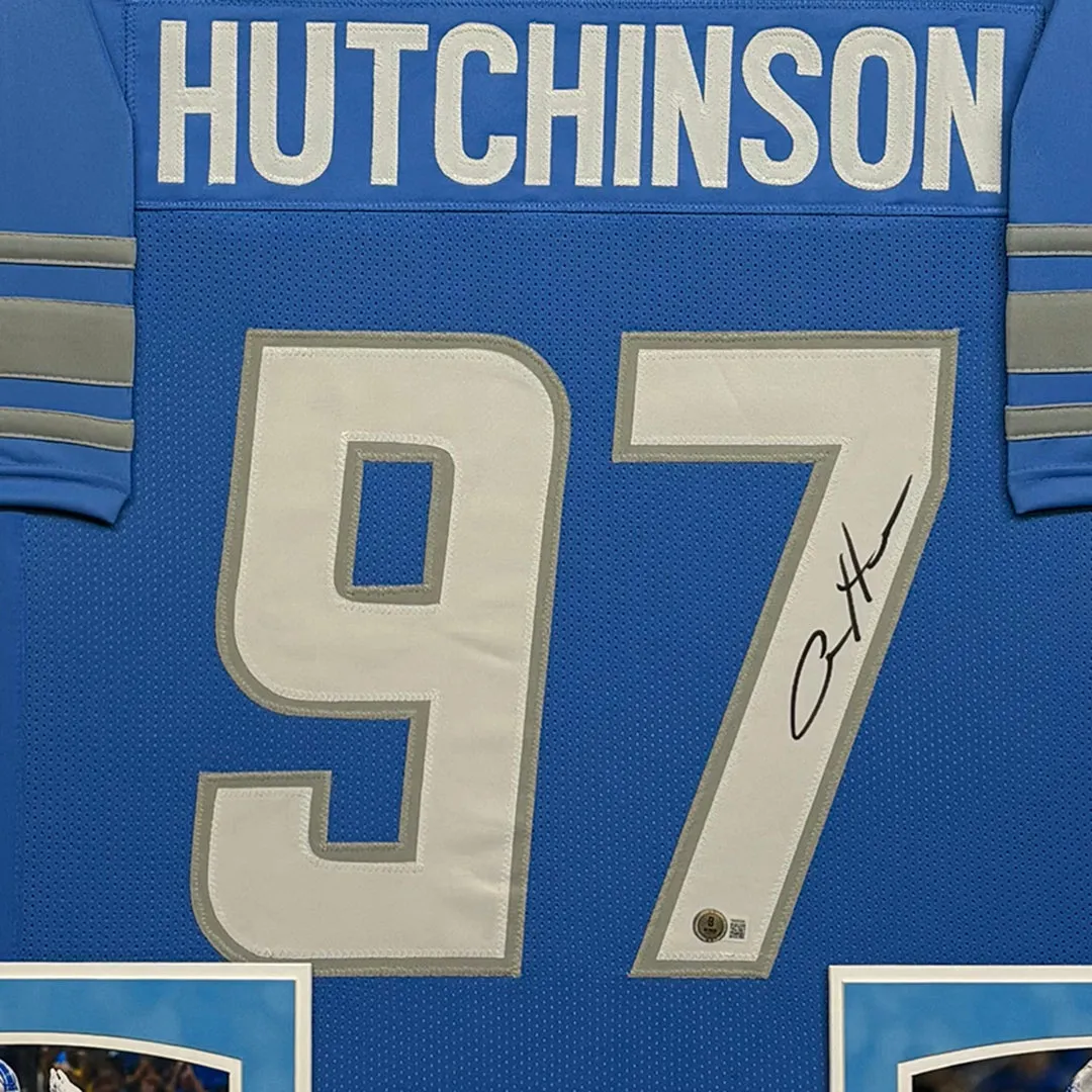 Aidan Hutchinson Signed Detroit Blue Custom Suede Matte Framed Football Jersey (Beckett)