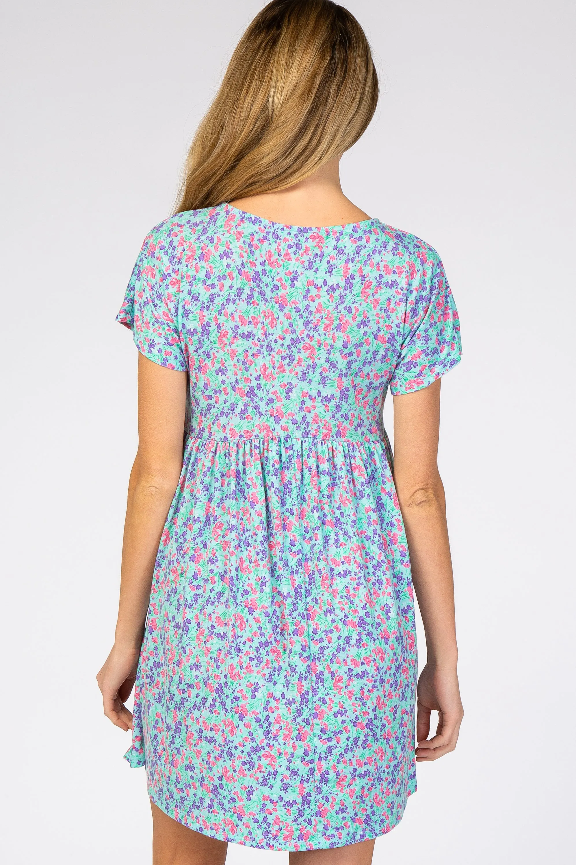 Aqua Floral Short Sleeve Maternity Dress