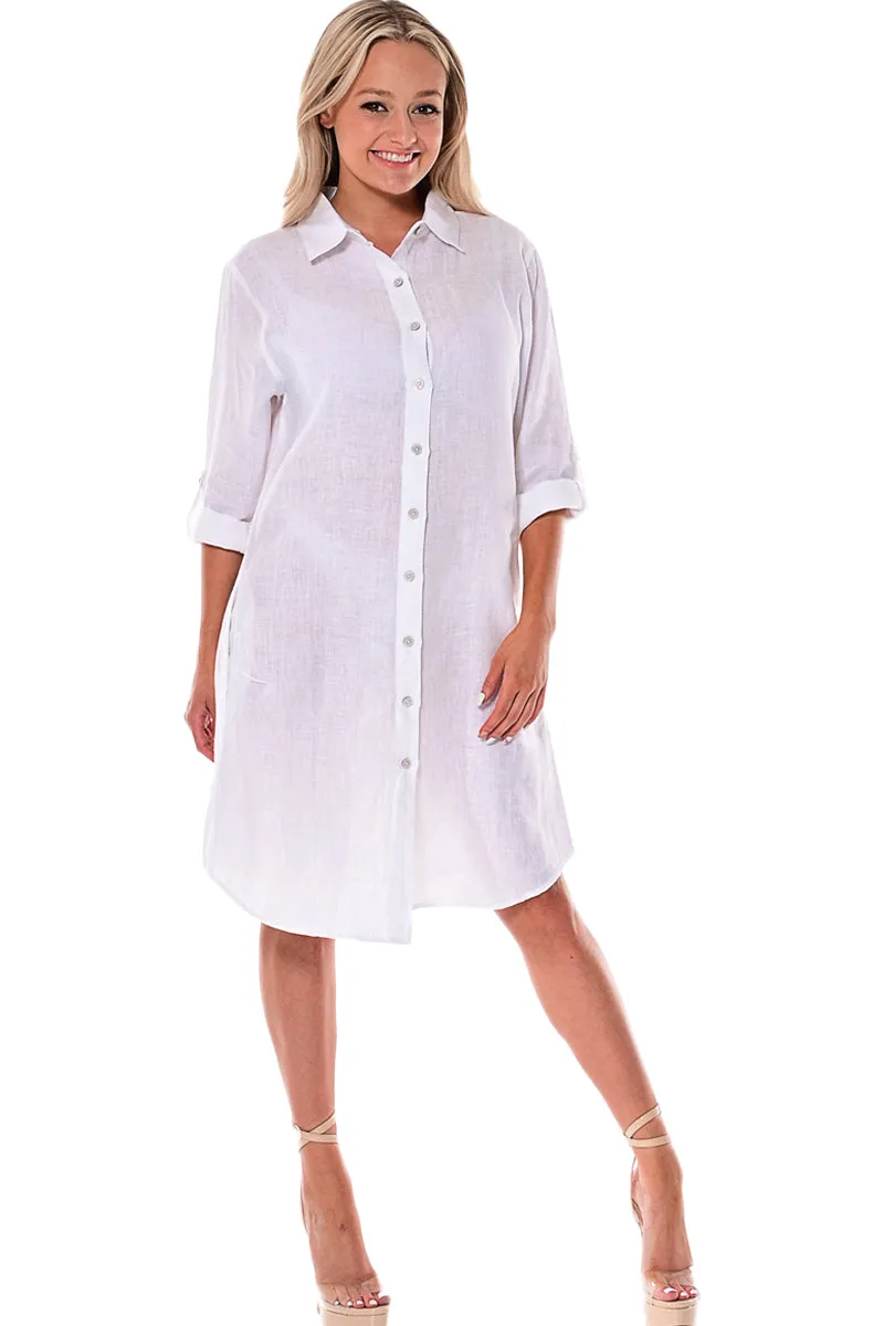 Azucar Ladies 100% Linen Yarn-Dye - 3/4 Sleeve Roll-Up In (9) Colors (2) Pocket Design Shirt/Dress - LLD1725