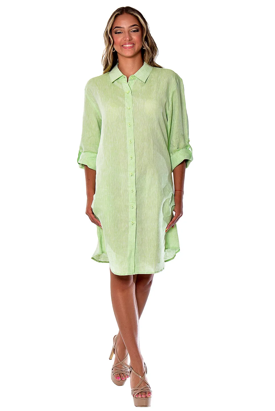 Azucar Ladies 100% Linen Yarn-Dye - 3/4 Sleeve Roll-Up In (9) Colors (2) Pocket Design Shirt/Dress - LLD1725