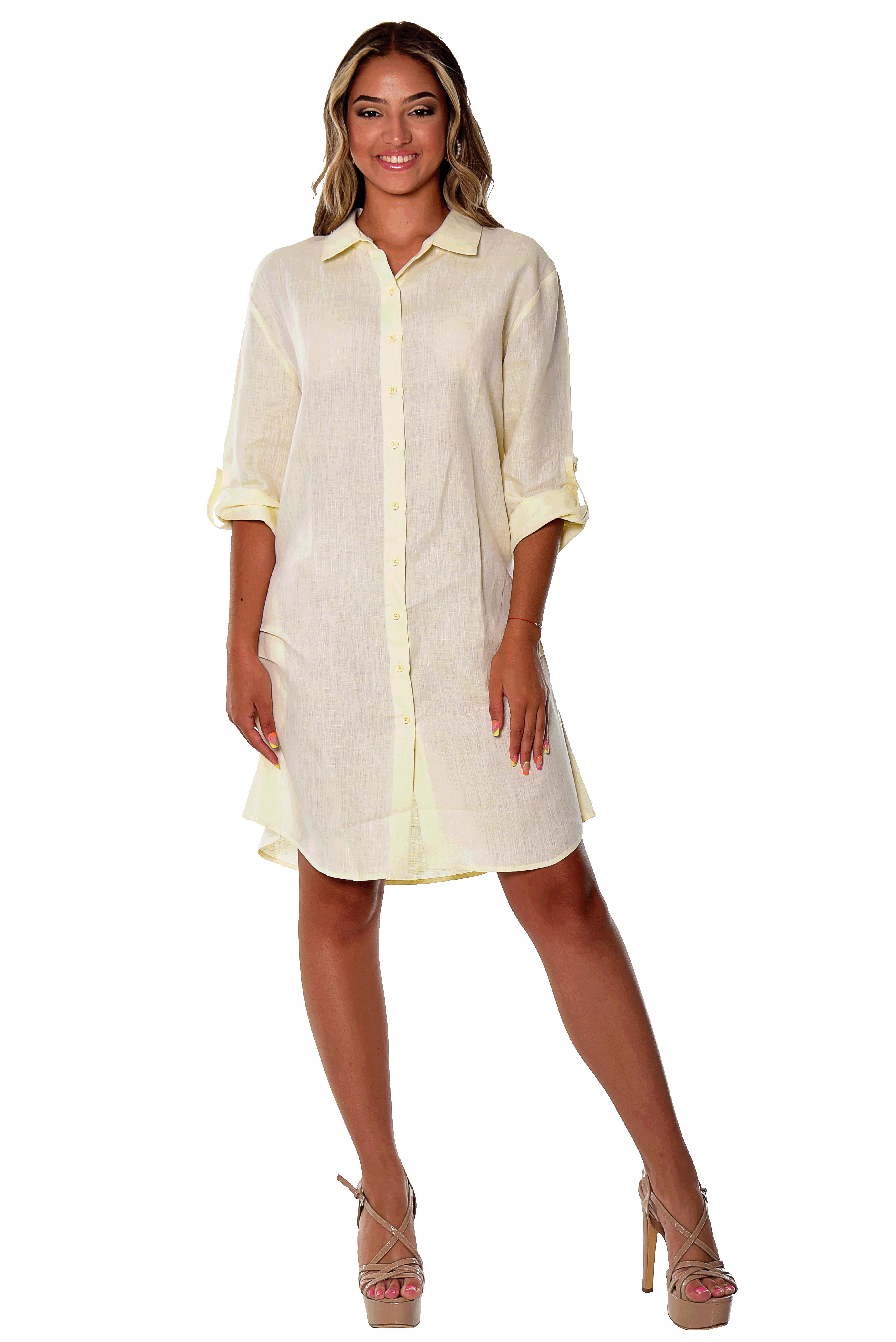 Azucar Ladies 100% Linen Yarn-Dye - 3/4 Sleeve Roll-Up In (9) Colors (2) Pocket Design Shirt/Dress - LLD1725