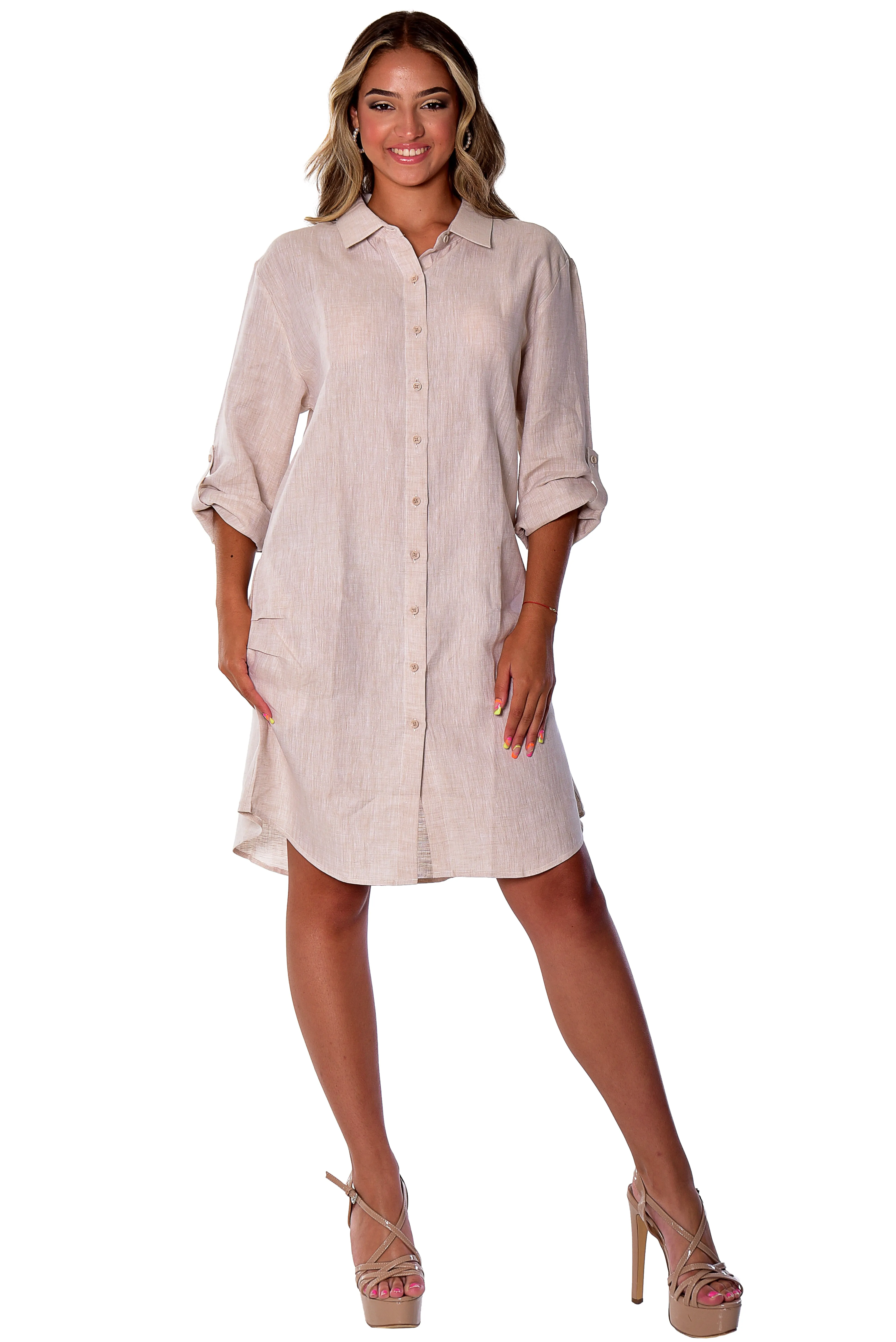 Azucar Ladies 100% Linen Yarn-Dye - 3/4 Sleeve Roll-Up In (9) Colors (2) Pocket Design Shirt/Dress - LLD1725