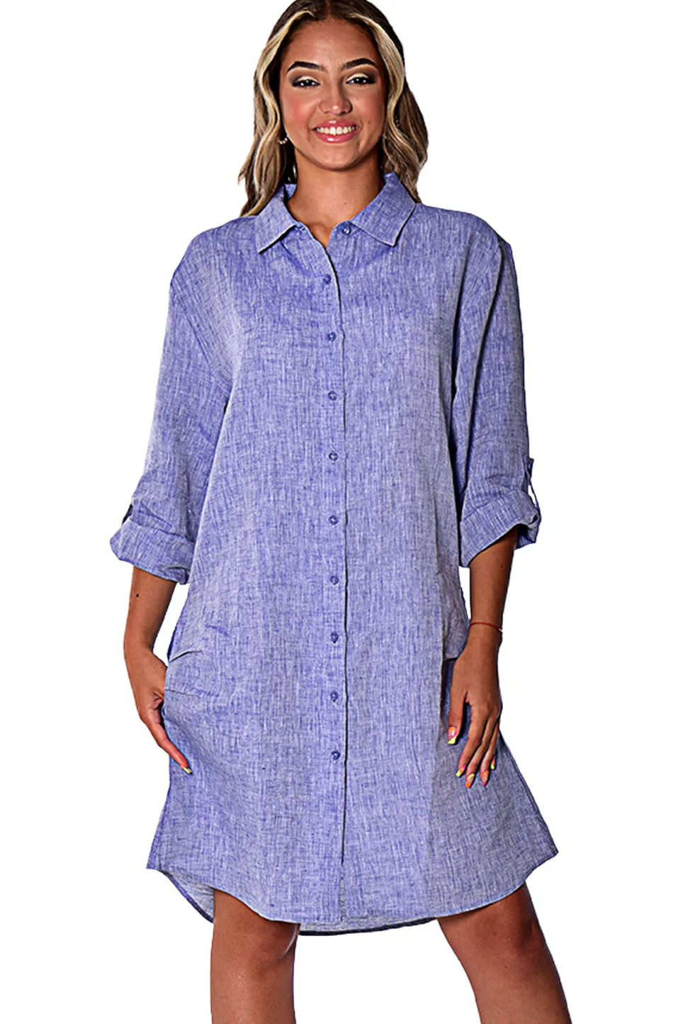 Azucar Ladies 100% Linen Yarn-Dye - 3/4 Sleeve Roll-Up In (9) Colors (2) Pocket Design Shirt/Dress - LLD1725