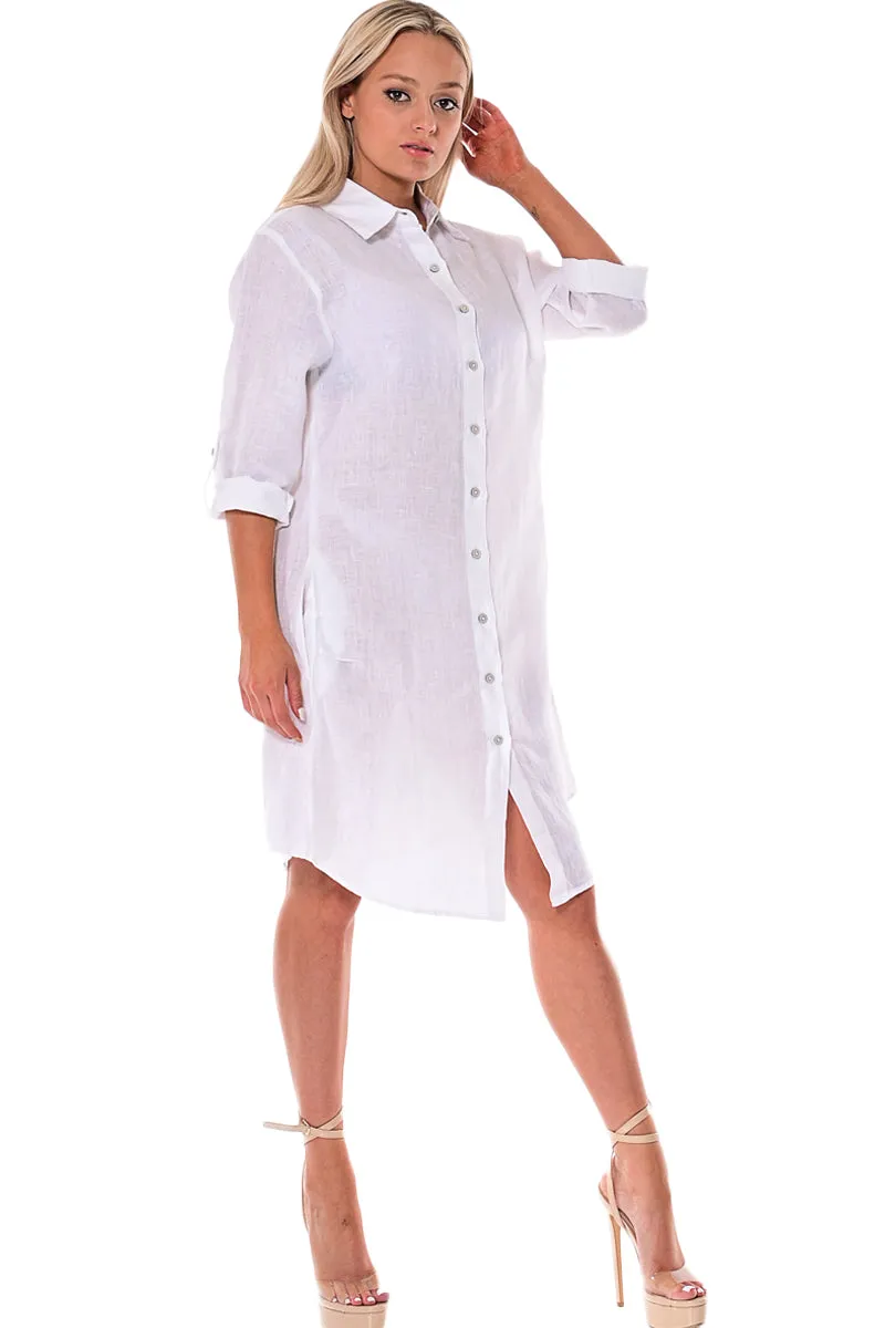Azucar Ladies 100% Linen Yarn-Dye - 3/4 Sleeve Roll-Up In (9) Colors (2) Pocket Design Shirt/Dress - LLD1725