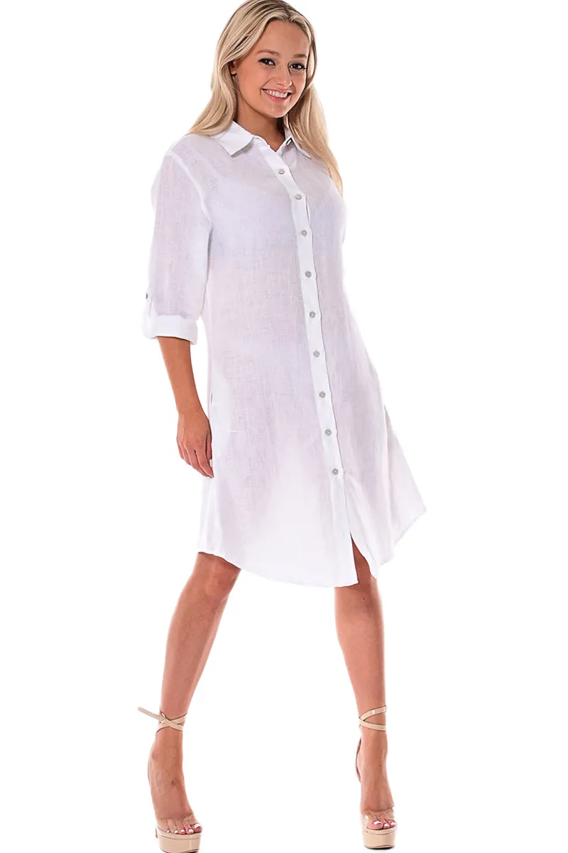 Azucar Ladies 100% Linen Yarn-Dye - 3/4 Sleeve Roll-Up In (9) Colors (2) Pocket Design Shirt/Dress - LLD1725