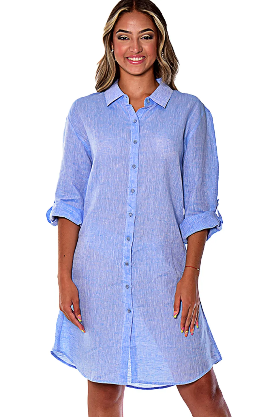 Azucar Ladies 100% Linen Yarn-Dye - 3/4 Sleeve Roll-Up In (9) Colors (2) Pocket Design Shirt/Dress - LLD1725