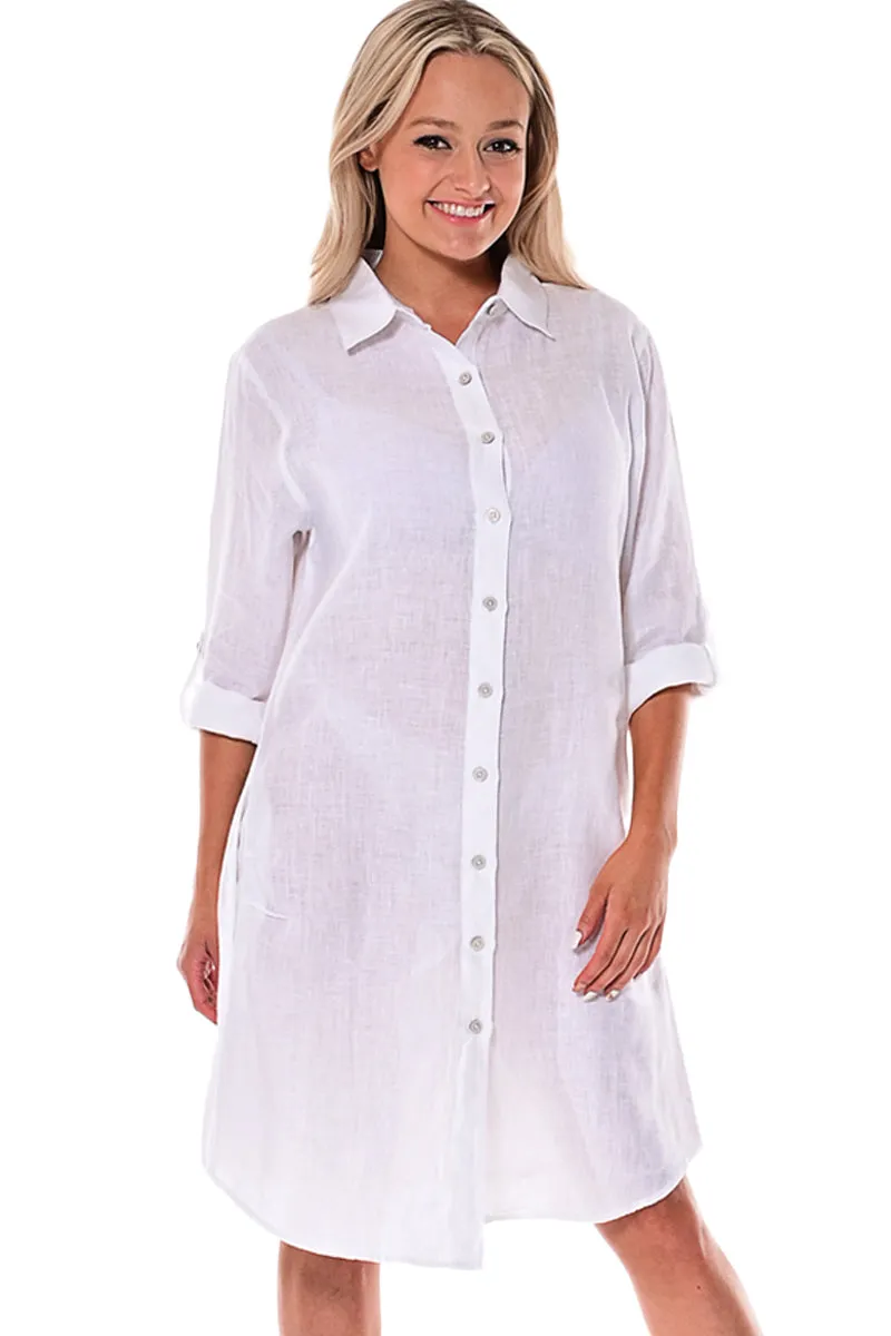 Azucar Ladies 100% Linen Yarn-Dye - 3/4 Sleeve Roll-Up In (9) Colors (2) Pocket Design Shirt/Dress - LLD1725