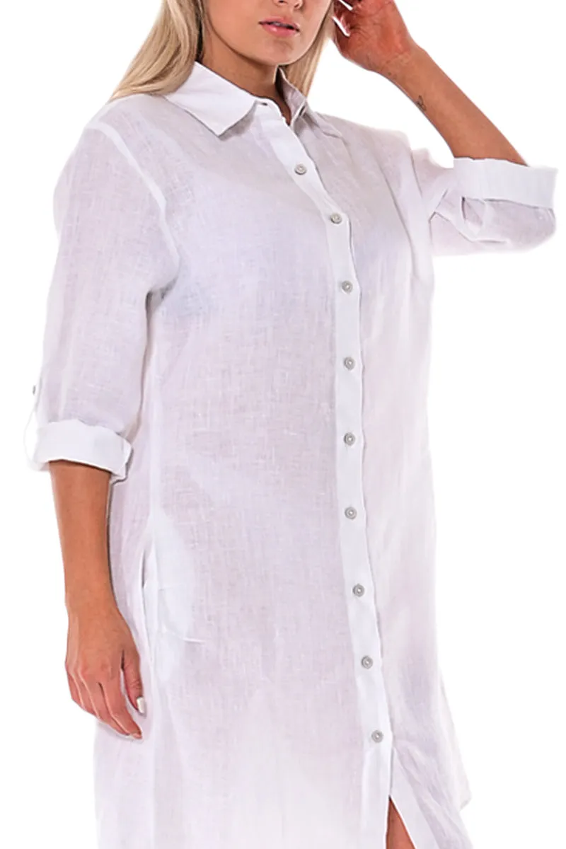 Azucar Ladies 100% Linen Yarn-Dye - 3/4 Sleeve Roll-Up In (9) Colors (2) Pocket Design Shirt/Dress - LLD1725