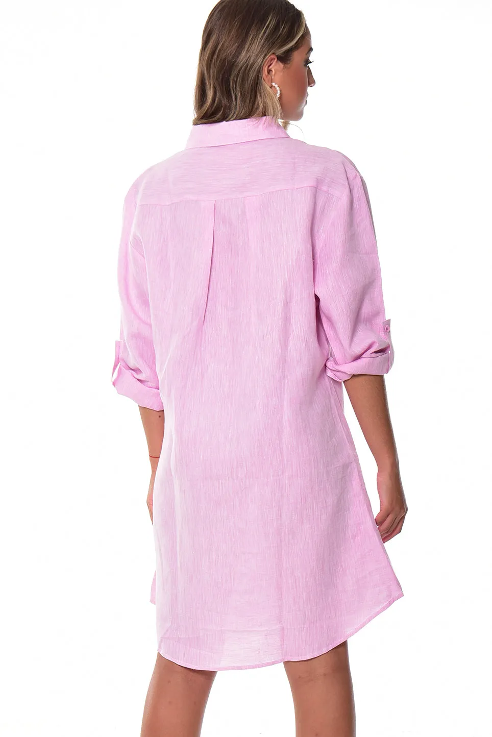 Azucar Ladies 100% Linen Yarn-Dye - 3/4 Sleeve Roll-Up In (9) Colors (2) Pocket Design Shirt/Dress - LLD1725