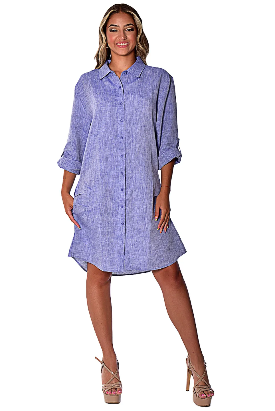 Azucar Ladies 100% Linen Yarn-Dye - 3/4 Sleeve Roll-Up In (9) Colors (2) Pocket Design Shirt/Dress - LLD1725